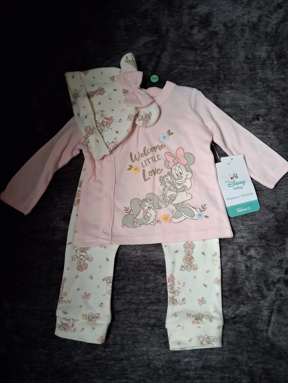 NWT Disney Baby Minnie Mouse 3pc Outfit Set Top/Pants/Hat 6-9month Pink/Cream